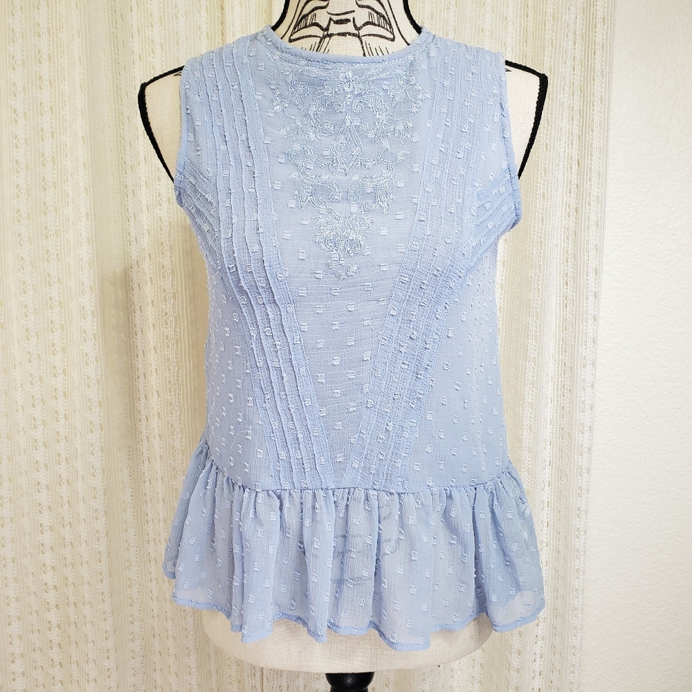 ZARA Basic Peplum Chiffon Top Embroidered Light Blue Size XS